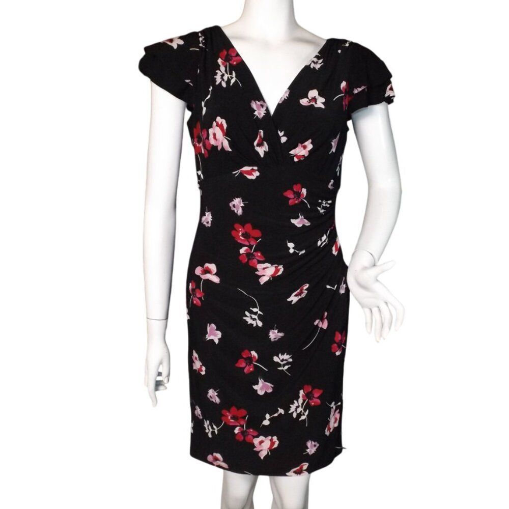 LAUREN RALPH LAUREN Dress, M, Black/Red floral, Layered Flutter sleeve, V-neck